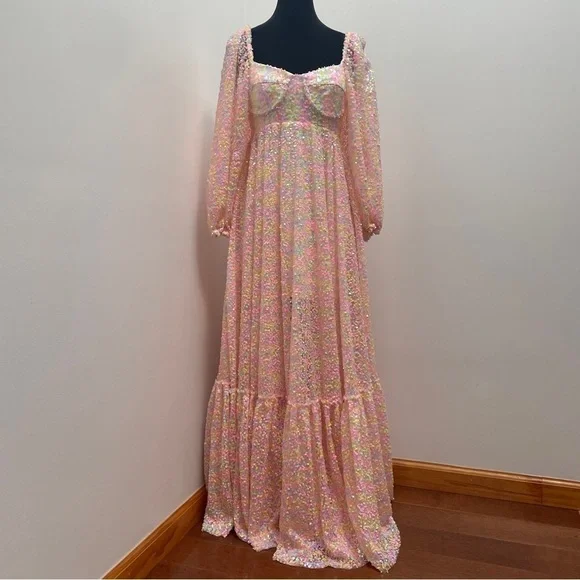 Selkie- Rainbow Sequin Princess Gown Size XS 3/4 Sleeve Sweetheart Maxi Dress - Picture 6 of 16